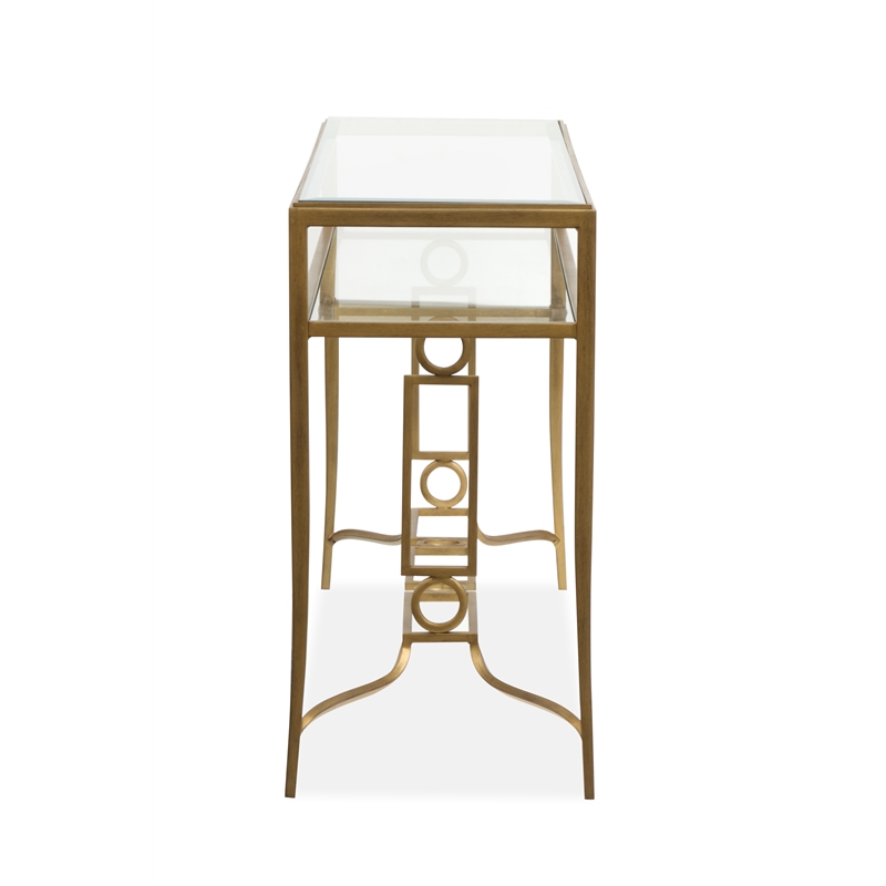 Bowery Hill Glass Top Rectangular Cocktail Table in Burnished Brass