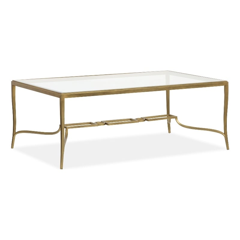 Bowery Hill Glass Top Rectangular Cocktail Table in Burnished Brass