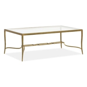 Bowery Hill Glass Top Rectangular Cocktail Table in Burnished Brass