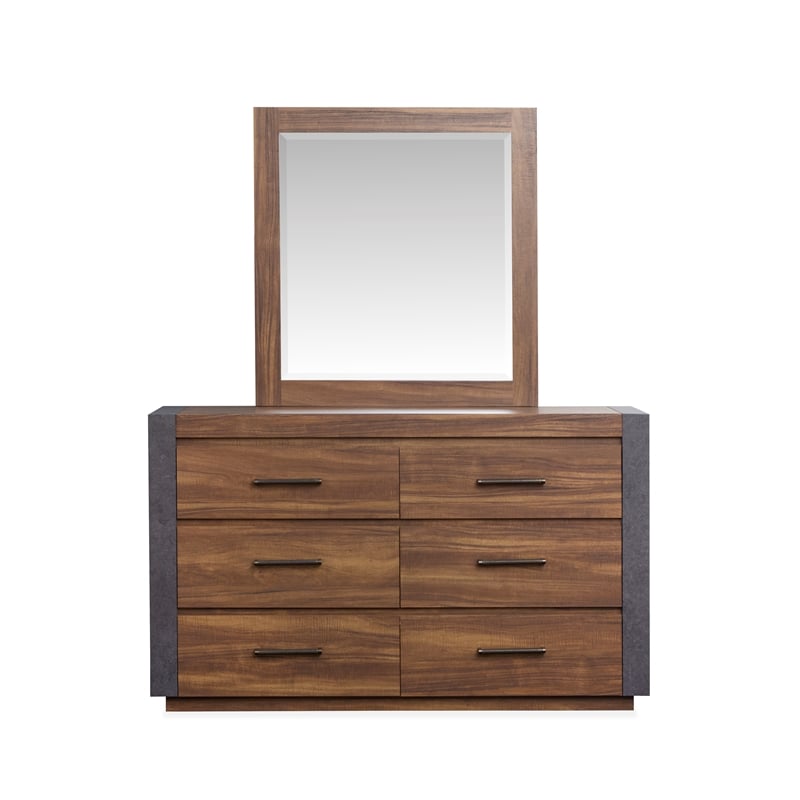 Bowery Hill Industrial 6-Drawer Dresser With Mirror in Tavern Brown