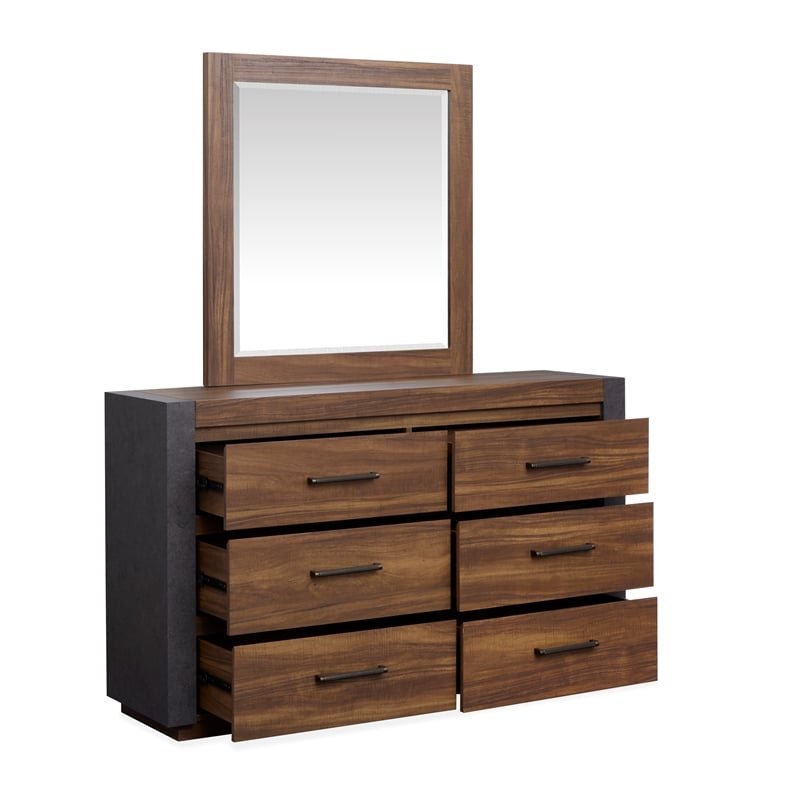 Bowery Hill Industrial 6-Drawer Dresser With Mirror in Tavern Brown