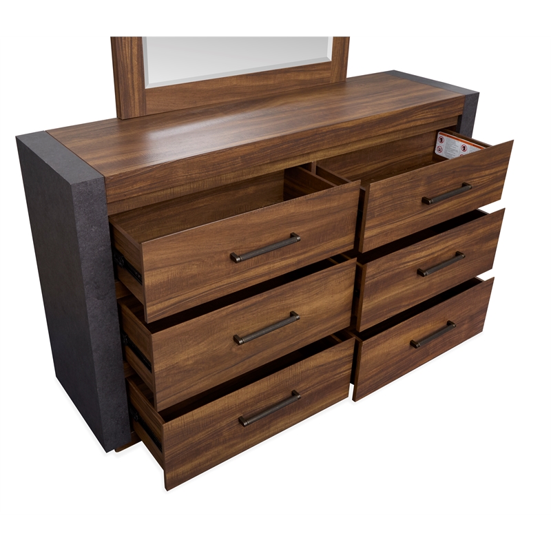 Bowery Hill Industrial 6-Drawer Dresser With Mirror in Tavern Brown
