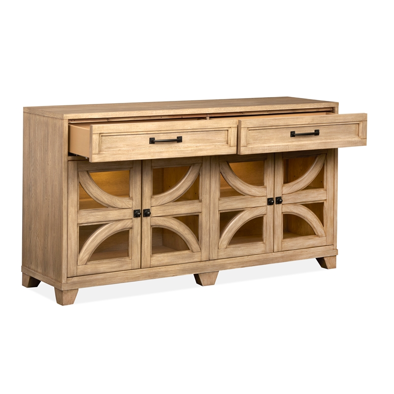 Bowery Hill Traditional Glass Door Buffet With Wine Storage in Honey Maple