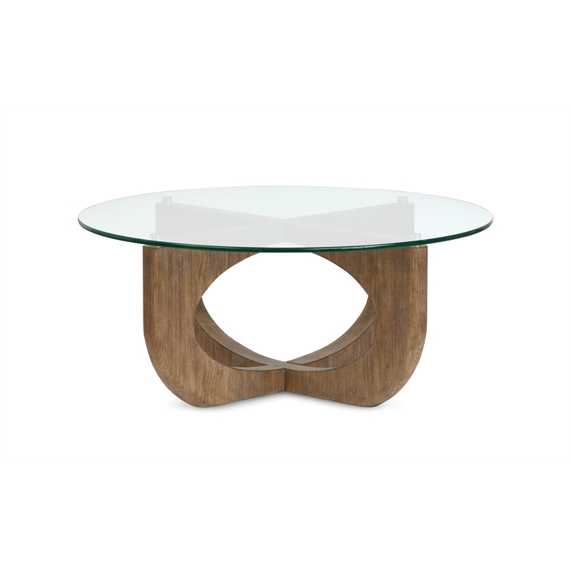 Bowery Hill Contemporary Glass Top Round Cocktail Table in Almond