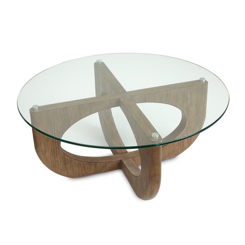 Bowery Hill Contemporary Glass Top Round Cocktail Table in Almond