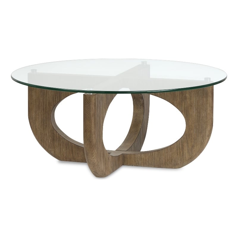 Bowery Hill Contemporary Glass Top Round Cocktail Table in Almond