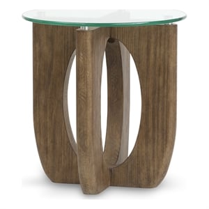 Bowery Hill Contemporary Glass Top Round End Table in Almond