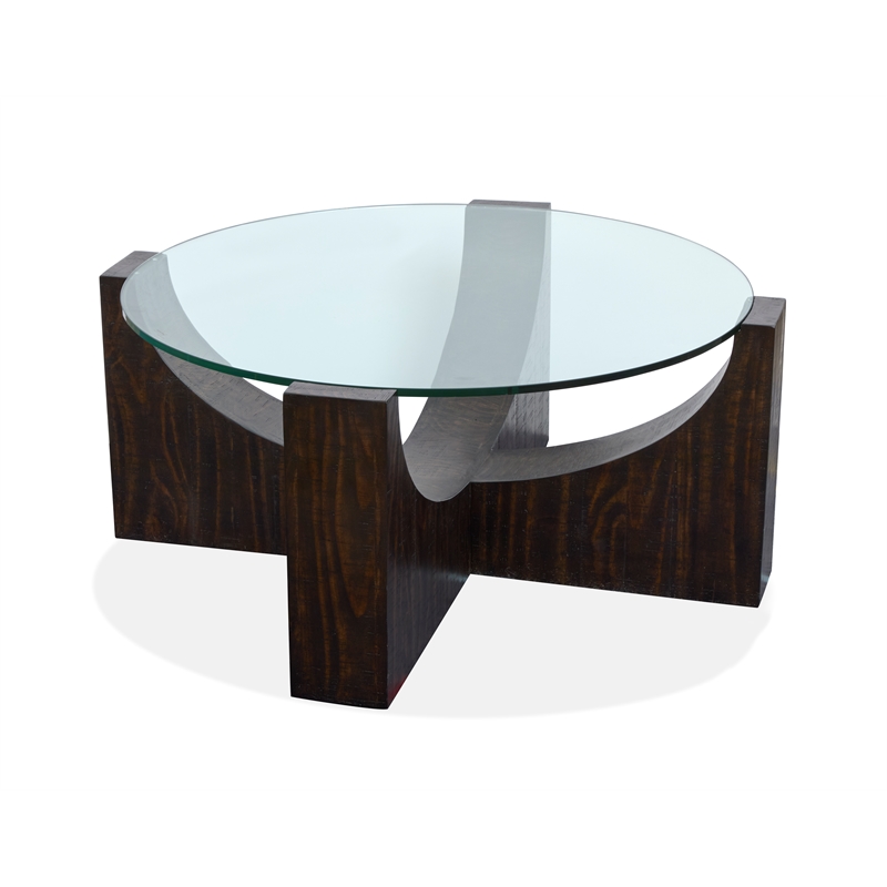 Bowery Hill Glass Insert Round Cocktail Table With Casters in Rustic Tavern