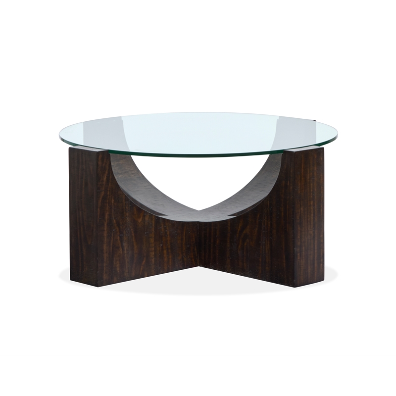 Bowery Hill Glass Insert Round Cocktail Table With Casters in Rustic Tavern