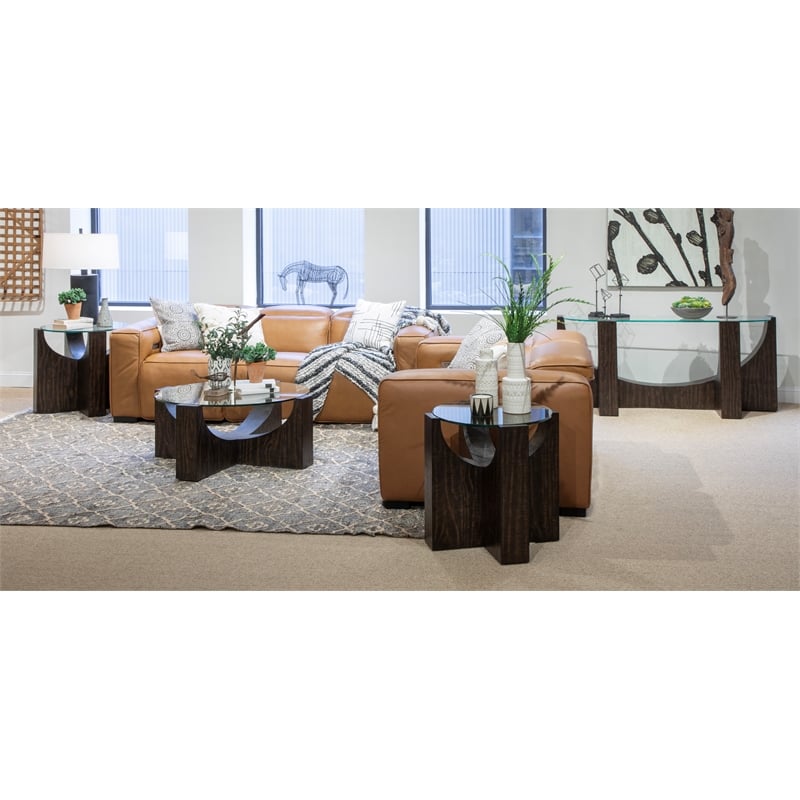 Bowery Hill Glass Insert Round Cocktail Table With Casters in Rustic Tavern