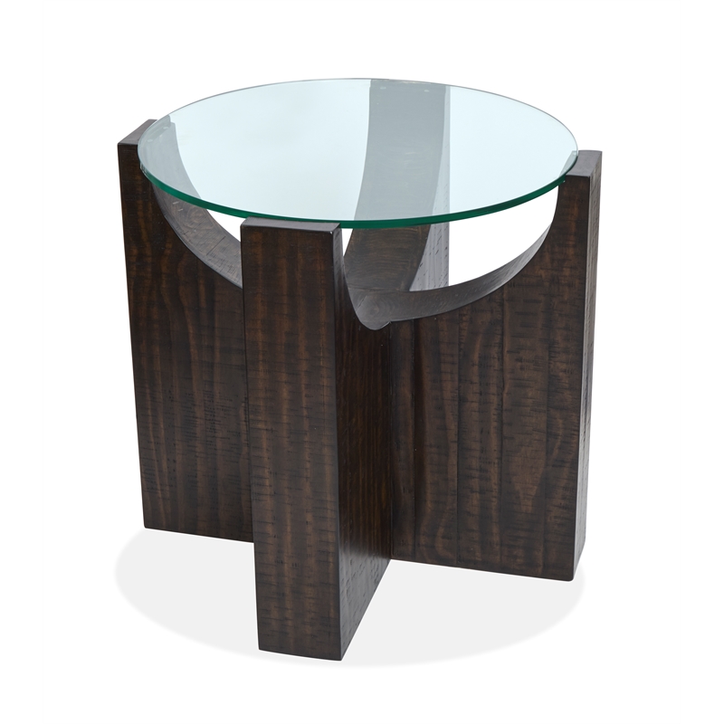 Bowery Hill Glass Insert Round Accent Table in Rustic Tavern