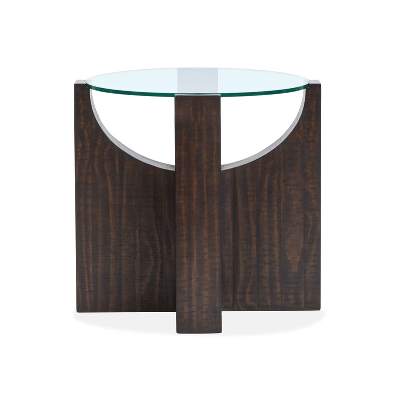 Bowery Hill Glass Insert Round Accent Table in Rustic Tavern