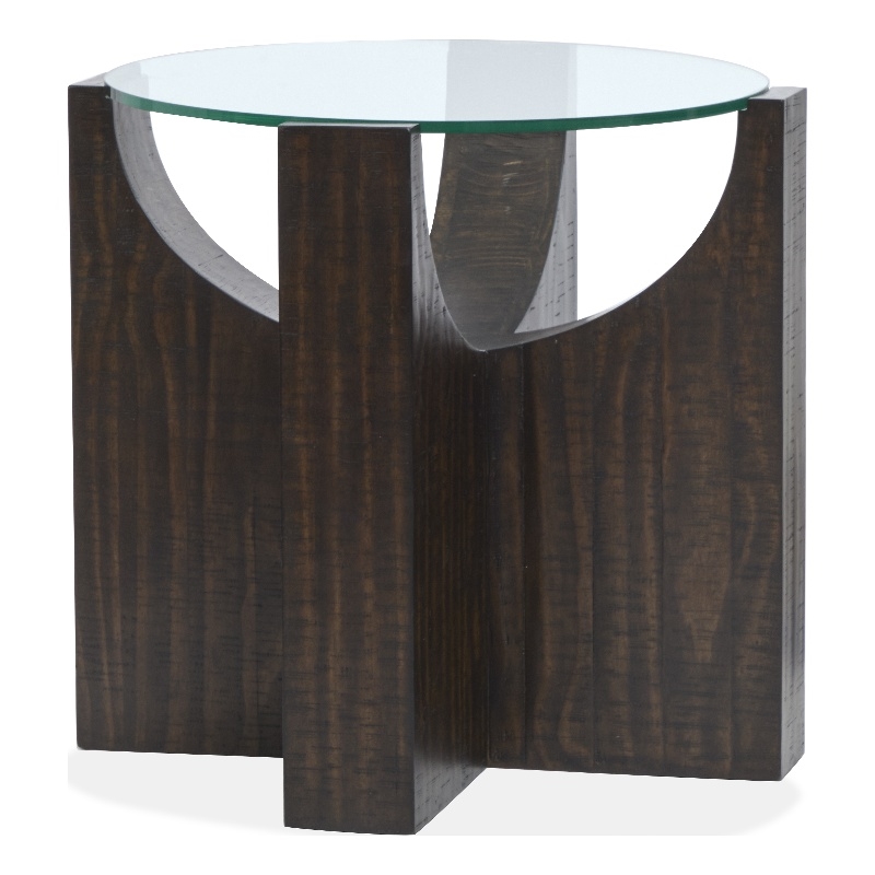 Bowery Hill Glass Insert Round Accent Table in Rustic Tavern