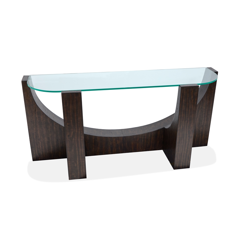 Bowery Hill Glass Insert Console Sofa Table in Rustic Tavern