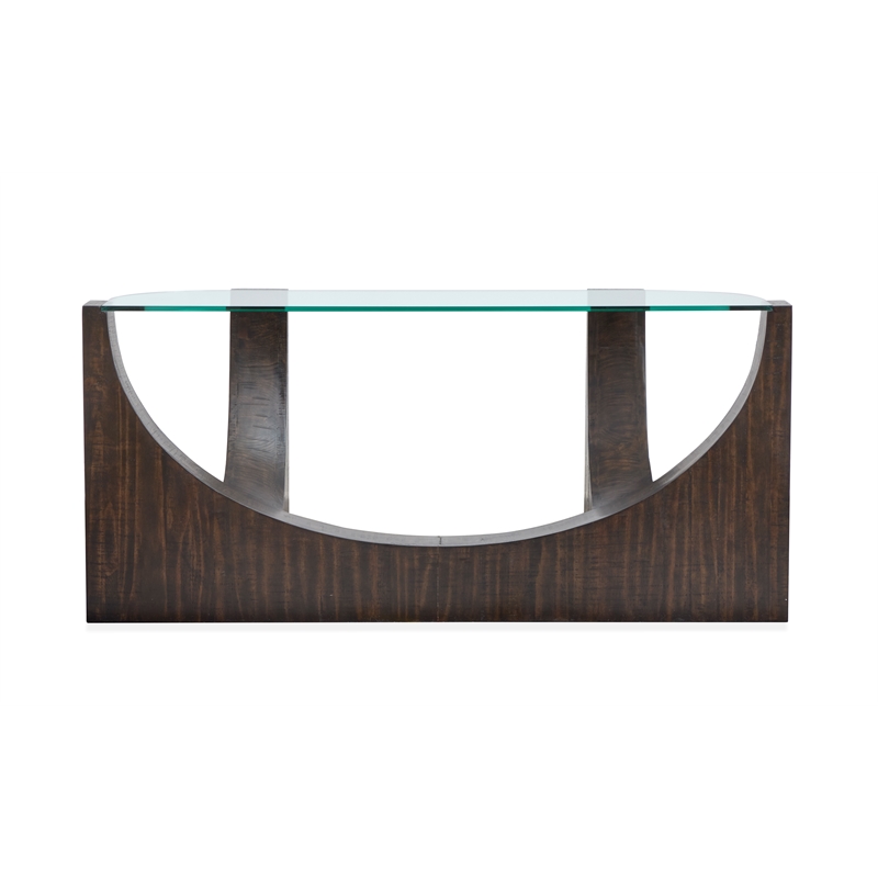 Bowery Hill Glass Insert Console Sofa Table in Rustic Tavern