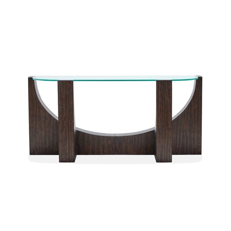 Bowery Hill Glass Insert Console Sofa Table in Rustic Tavern