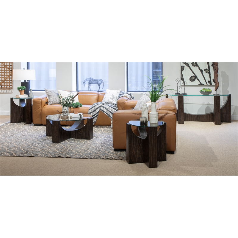 Bowery Hill Glass Insert Console Sofa Table in Rustic Tavern