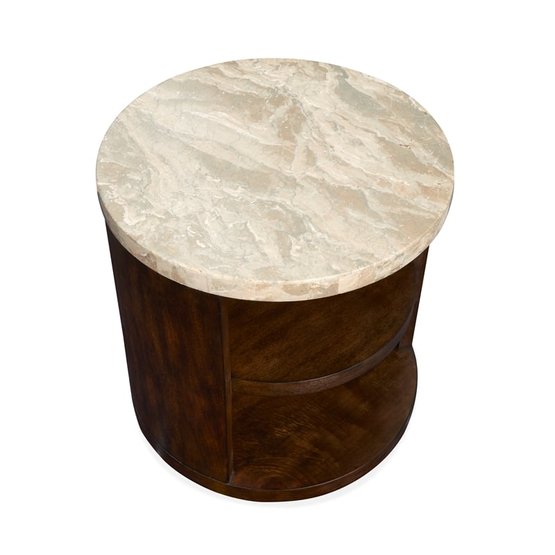 Bowery Hill Modern Stone Top Round End Table With Shelves in Burnt Umber