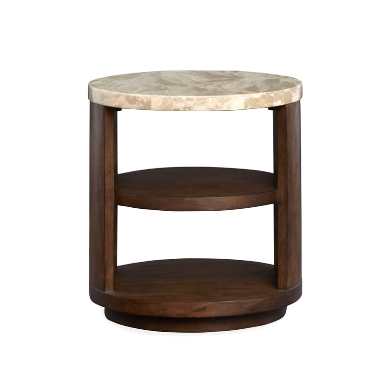 Bowery Hill Modern Stone Top Round End Table With Shelves in Burnt Umber