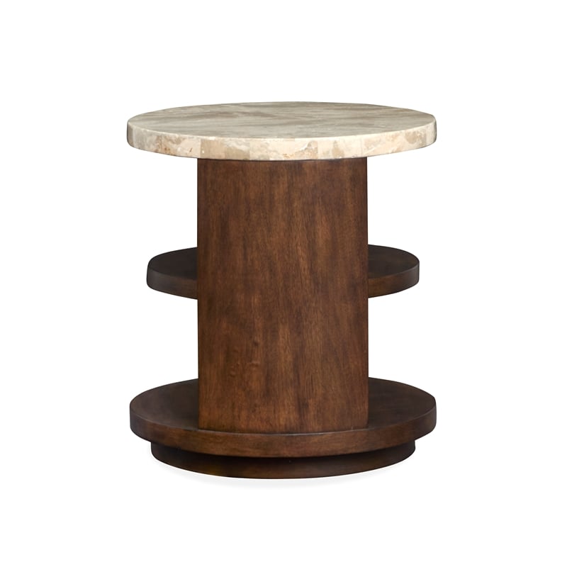 Bowery Hill Modern Stone Top Round End Table With Shelves in Burnt Umber