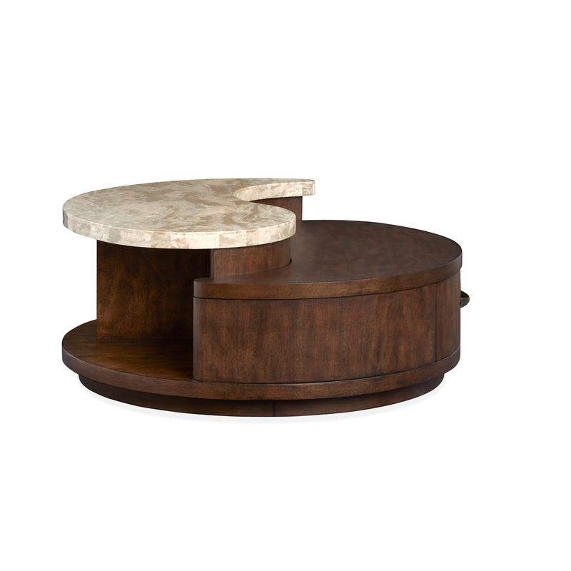 Bowery Hill Modern Stone Top Round Cocktail Table With Casters in Burnt Umber