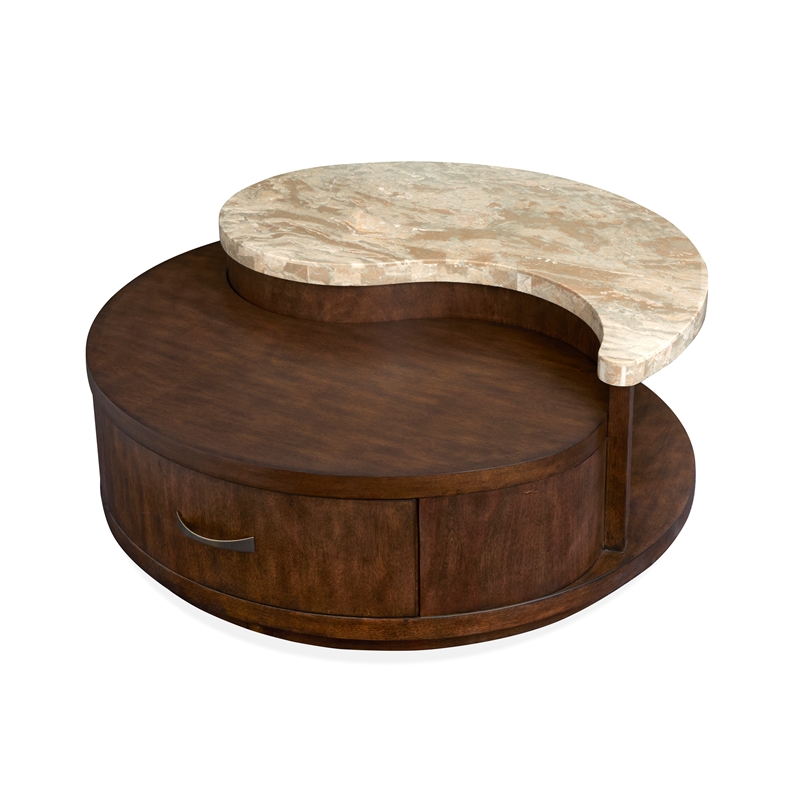 Bowery Hill Modern Stone Top Round Cocktail Table With Casters in Burnt Umber