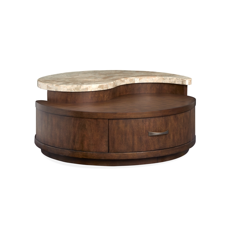 Bowery Hill Modern Stone Top Round Cocktail Table With Casters in Burnt Umber