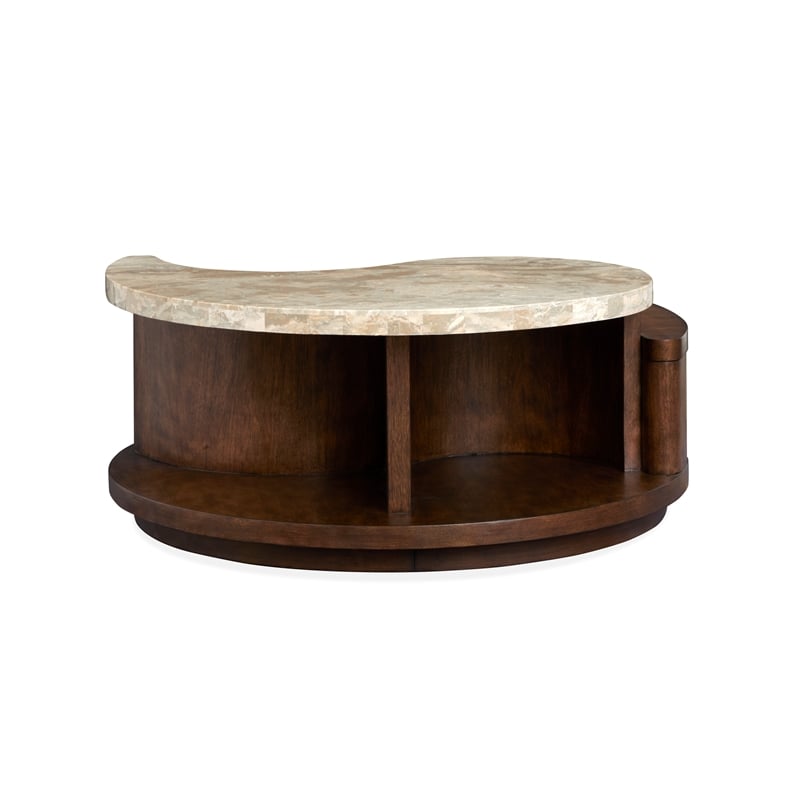 Bowery Hill Modern Stone Top Round Cocktail Table With Casters in Burnt Umber