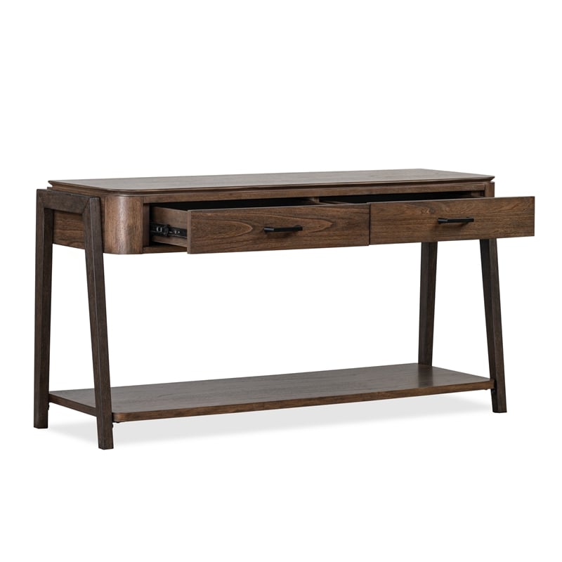Bowery Hill Rectangular Sofa Table With Shelf in Milk Chocolate & Dark Chocolate