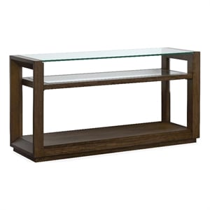 Bowery Hill Modern Glass Top Rectangular Sofa Table With Shelves in Cinnamon