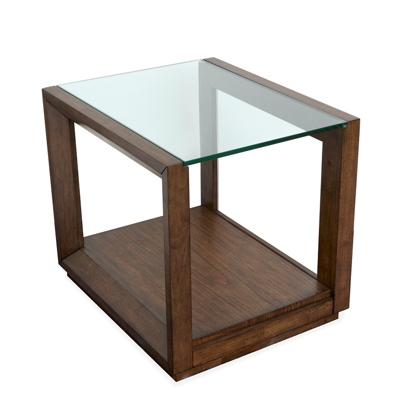 Bowery Hill Modern Glass Top Rectangular End Table With Shelf in Cinnamon
