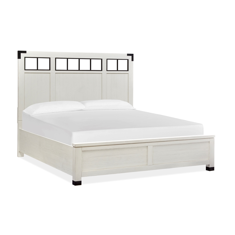Bowery Hill Queen Panel Bed with Metal and Wood Headboard in Silo White