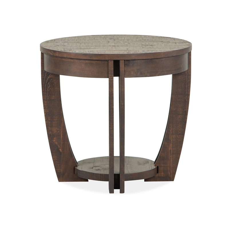 Bowery Hill Contemporary Round End Table in Nutmeg with Fixed Wood Shelf