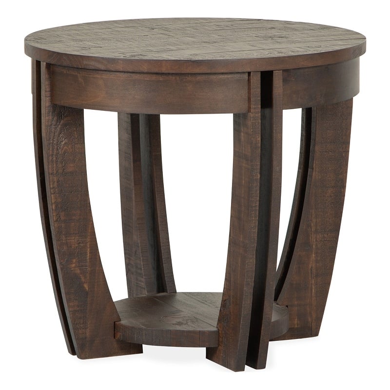 Bowery Hill Contemporary Round End Table in Nutmeg with Fixed Wood Shelf