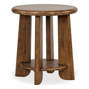Bowery Hill Round End Table in Tawny Brown Okume Veneer with Shelf