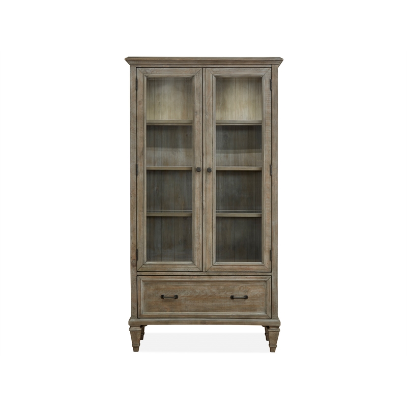 Bowery Hill Glass Door Bookcase with Drawer in Dovetail Grey Pine