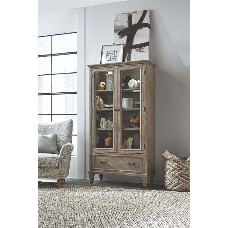 Bowery Hill Glass Door Bookcase with Drawer in Dovetail Grey Pine