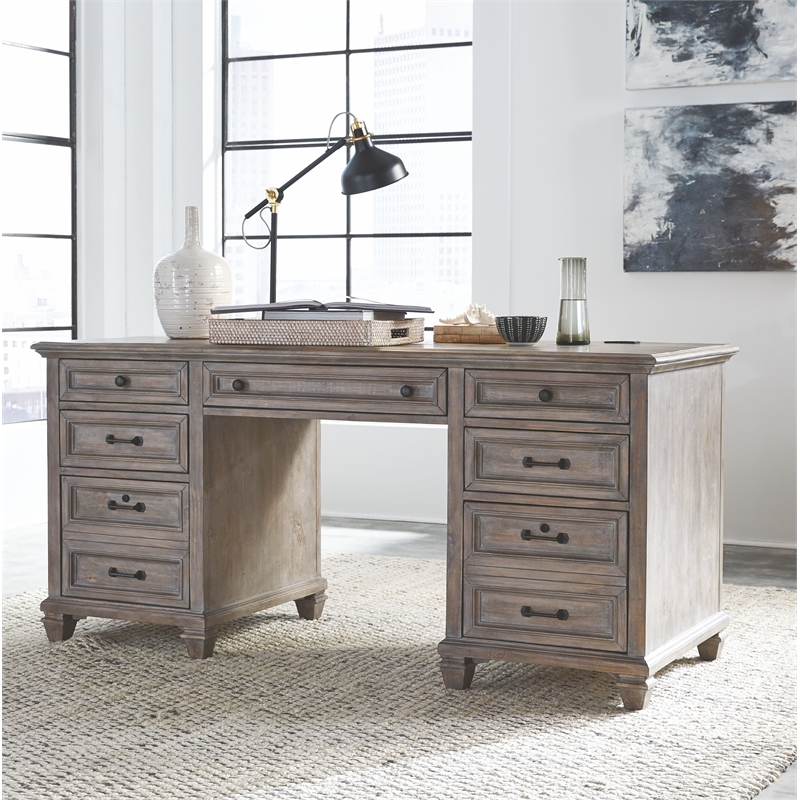 Bowery Hill Executive Desk with 5 Drawers and File Storage in Dovetail Grey