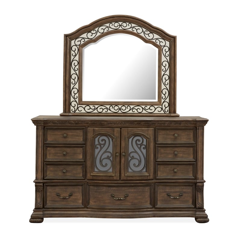 Bowery Hill 9-Drawer Dresser With Shaped Mirror in Willadeene Brown