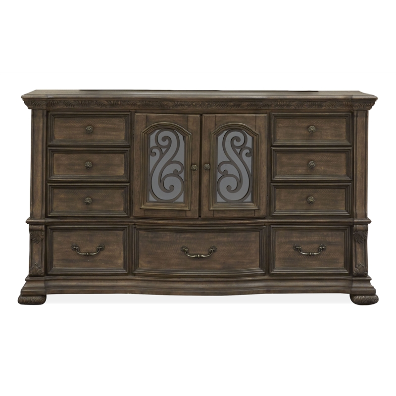 Bowery Hill 9-Drawer Dresser With Shaped Mirror in Willadeene Brown