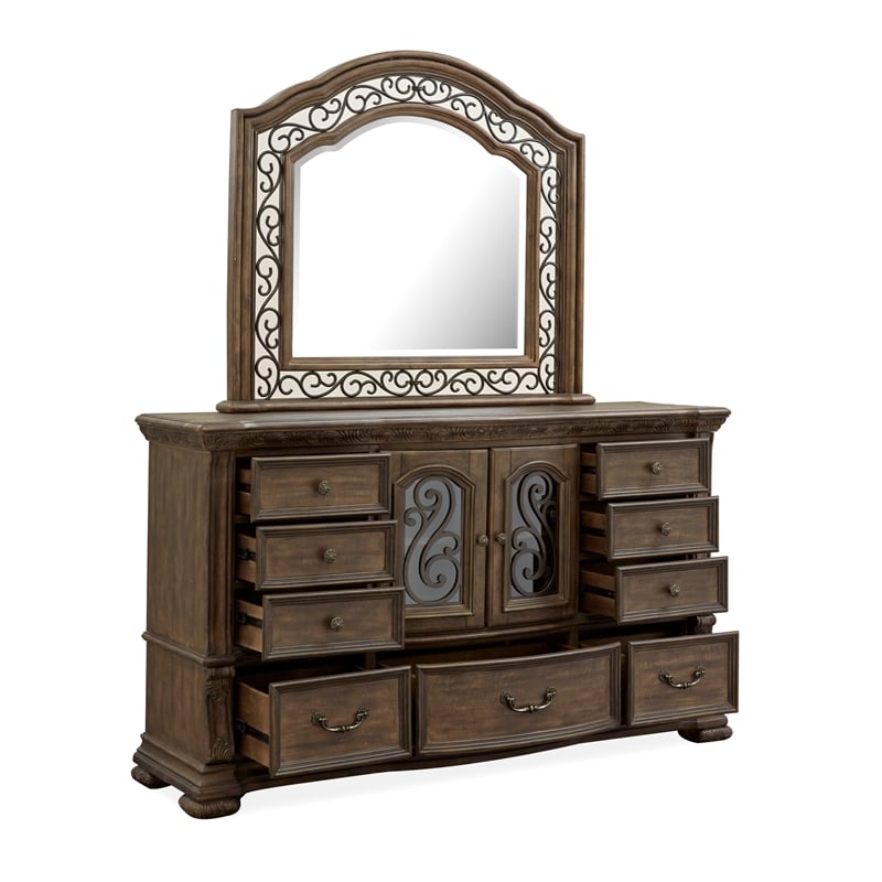 Bowery Hill 9-Drawer Dresser With Shaped Mirror in Willadeene Brown