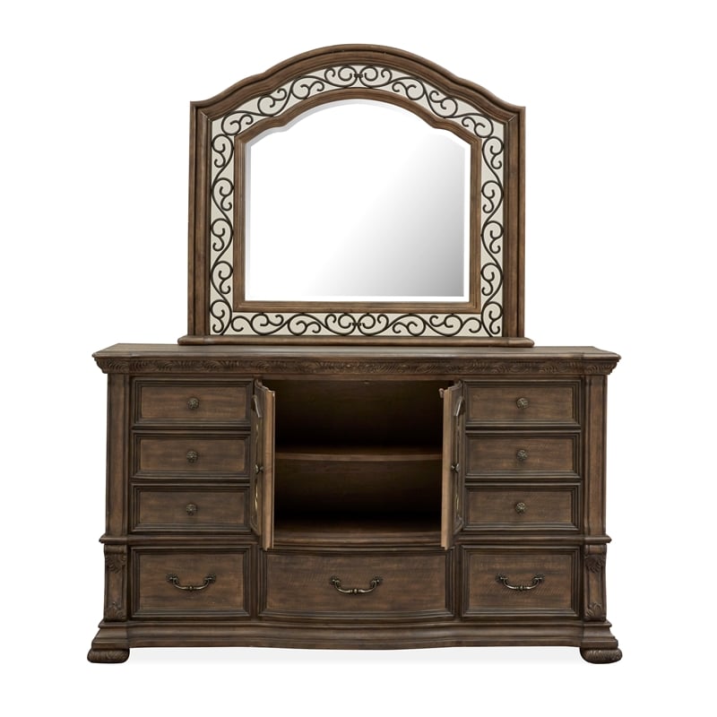 Bowery Hill 9-Drawer Dresser With Shaped Mirror in Willadeene Brown