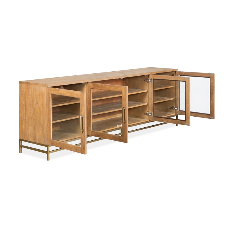 Bowery Hill Belgian Wheat Large Console With Glass Doors and Metal Base