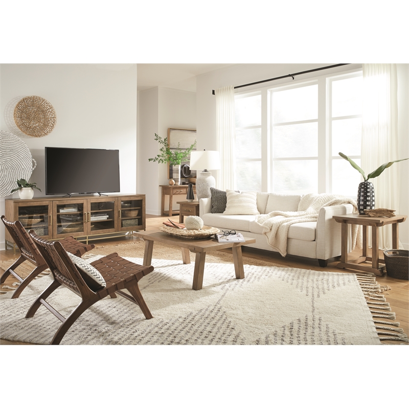 Bowery Hill Belgian Wheat Large Console With Glass Doors and Metal Base