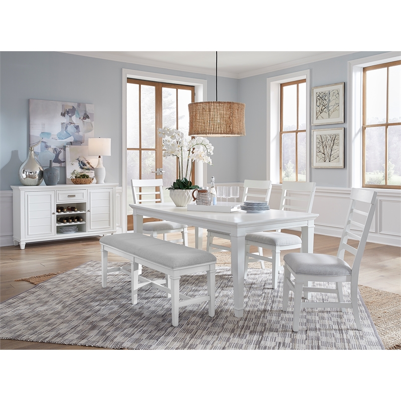 Bowery Hill Upholstered Dining Bench in White Dove With Wood Stretchers