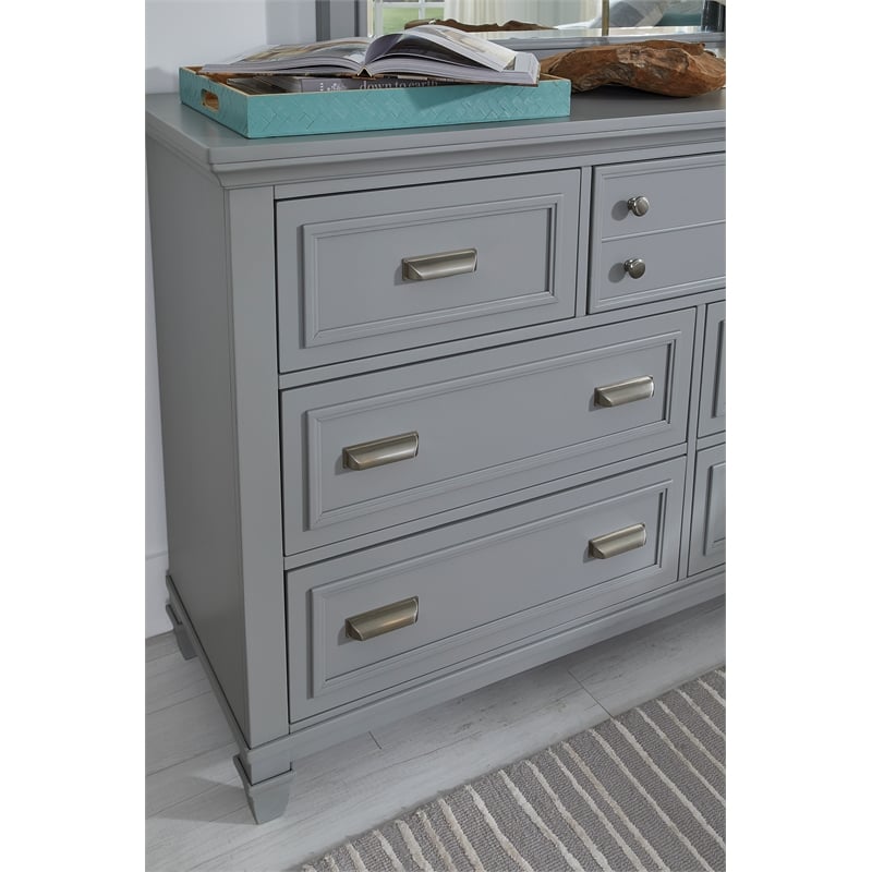 Bowery Hill Harbor Gray 7-Drawer Dresser With Landscape Mirror