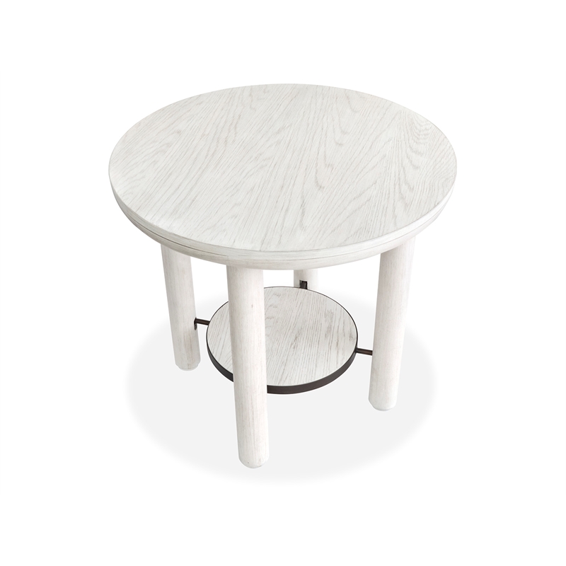 Bowery Hill Round End Table in Moonlight Pearl With Metal Framed Shelf