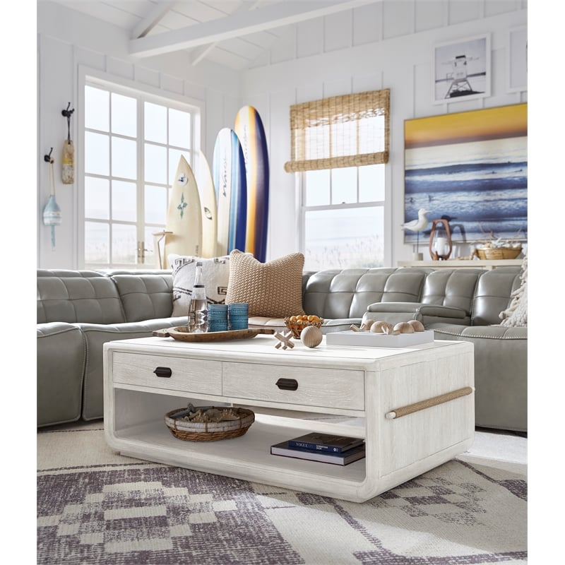 Bowery Hill Rectangular Cocktail Table in Moonlight Pearl With Casters