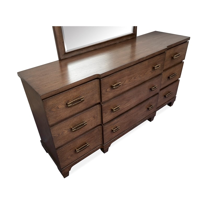 Bowery Hill 9-Drawer Bedroom Dresser in Spiced Rum With Brass Hardware