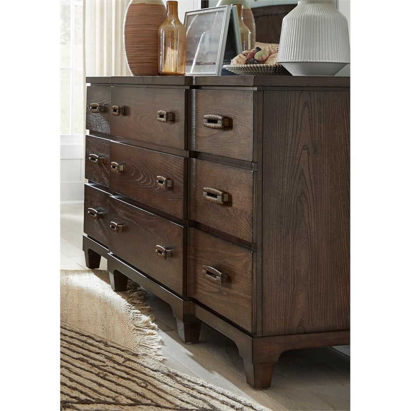 Bowery Hill 9-Drawer Dresser With Shaped Mirror in Spiced Rum